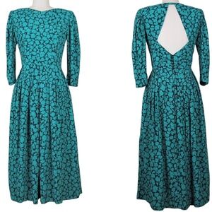 Vintage 80’s Lanz Floral Dark Teal+Black Floral Quarter Length‎ Sleeve Dress, 6